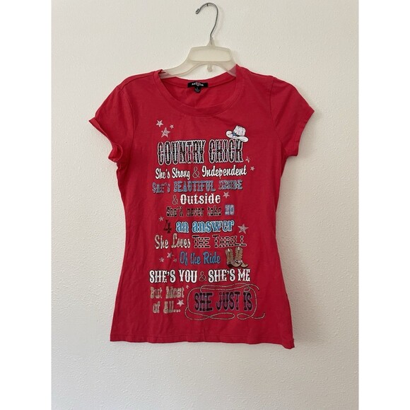 Country Chick Size Large Cute Embellished Graphics  Ransom Tee Shirt Top - Picture 1 of 3